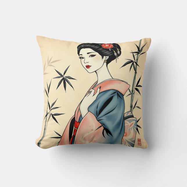 Elegant Geisha mit Bambus und Tintenpatterns Kissen (Vorderseite)