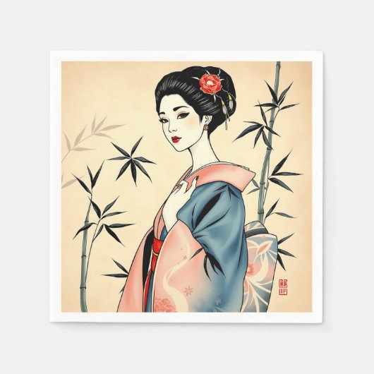 Elegant Geisha mit Bambus und Tintenpatterns Serviette (Vorderseite)