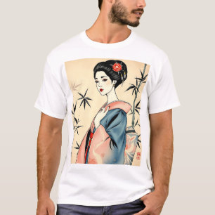 Elegant Geisha mit Bambus und Tintenpatterns T-Shirt