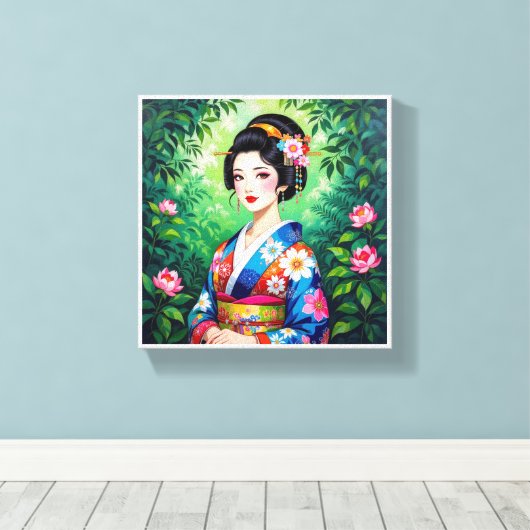 Elegant Geisha Wall - Blumenstrauch von Kimono Leinwanddruck (Insitu (Holzboden))