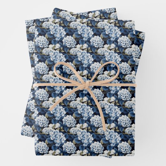 Elegant gekachelte blaue Hydrangea-Blume Geschenkpapier Set (Beispiel)