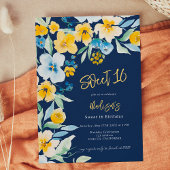 Elegant gelb-blau-blumenfarbene Wasserfarbe Süß 16 Einladung