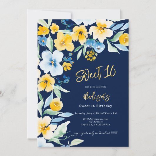 Elegant gelb-blau-blumenfarbene Wasserfarbe Süß 16 Einladung (Vorderseite)