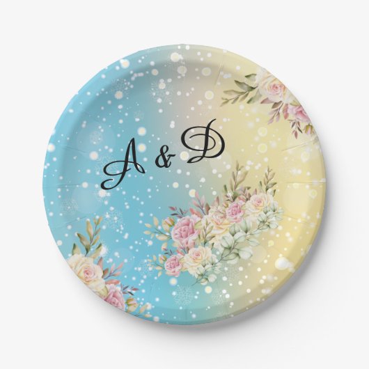 Elegant gelb, blau Schnee, rosa, floral Pappteller (Vorderseite)