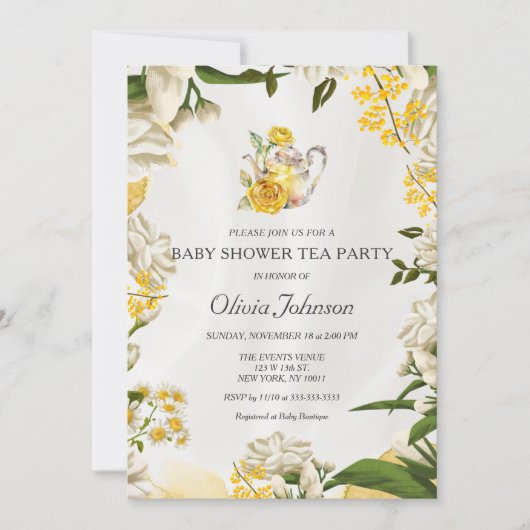 Elegant Gelb Grün Tee Party Babydusche Einladung (Vorderseite)