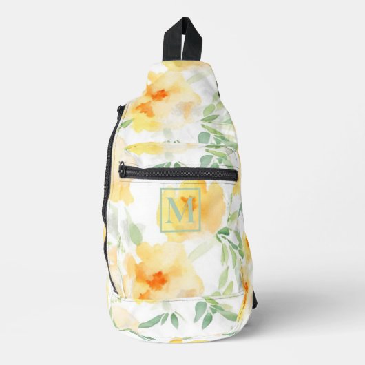 Elegant gelb pfirsichfarbene Aquarellblüte Crossbody Bag (Vorderseite)