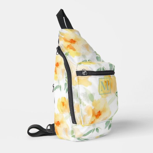 Elegant gelb pfirsichfarbene Aquarellblüte Crossbody Bag (Linke Seite)