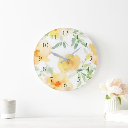 Elegant gelb pfirsichfarbene Aquarellblüte Große Wanduhr (Zuhause)