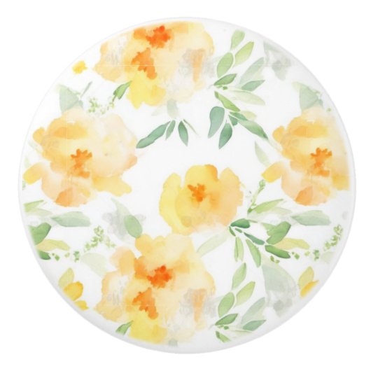 Elegant gelb pfirsichfarbene Aquarellblüte Keramikknauf (Vorderseite)