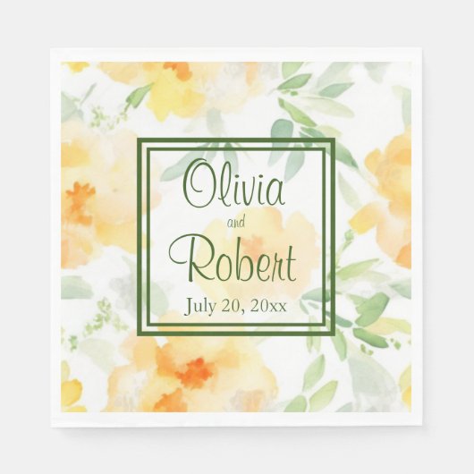 Elegant gelb pfirsichfarbene Aquarellblüte Serviette (Vorderseite)