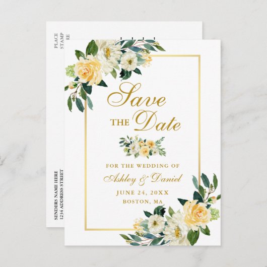 Elegant, Gelb und Blüte Save the Date Ankündigungspostkarte (Vorne/Hinten)