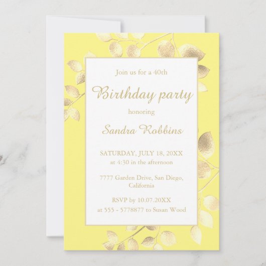 Elegant gelbe goldene Blätter Geburtstagsfeier Einladung (Vorderseite)