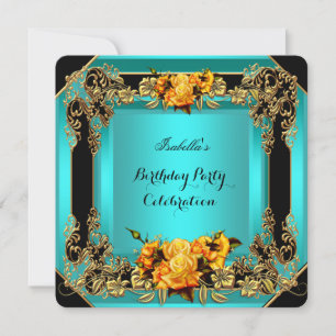 Elegant Gelbe Rosen Aquamarin Gold Black Birthday Einladung