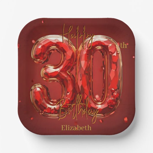 Elegant Gemstone Ruby and Gold 30th Birthday Pappteller (Vorderseite)