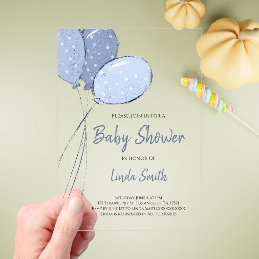 Elegant Gender Neutral Blue Balloons Baby Dusche Acryleinladungen
