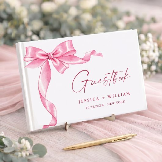 Elegant Gentle Pink Bow Ribbon Wedding Gästebuch