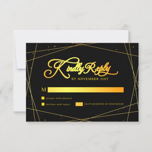 Elegant Geometric Black and Gold Wedding RSVP Karte (Vorderseite)