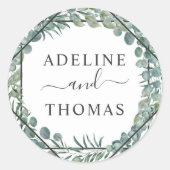 Elegant Geometric Greenery Wedding Monogram Runder Aufkleber (Vorderseite)