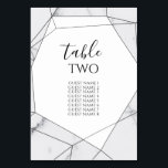 Elegant Geometric Marble Wedding Guest Names Tischnummer<br><div class="desc">Dieses Design besticht durch elegantes Marmor und geometrische Muster. Die geometrischen Muster überlagern die natürlichen, einfachen Marmorlinien. Die Kombination aus Grautönen, Schwarz und Weiß schafft einen eleganten, trendigen und schicken Stil. Elegantes Hochzeitsdesign mit modernen Elementen in der Tischnummer. Die moderne Gestaltung der Typografie verleiht ihr einen besonderen Stil. Auch die...</div>