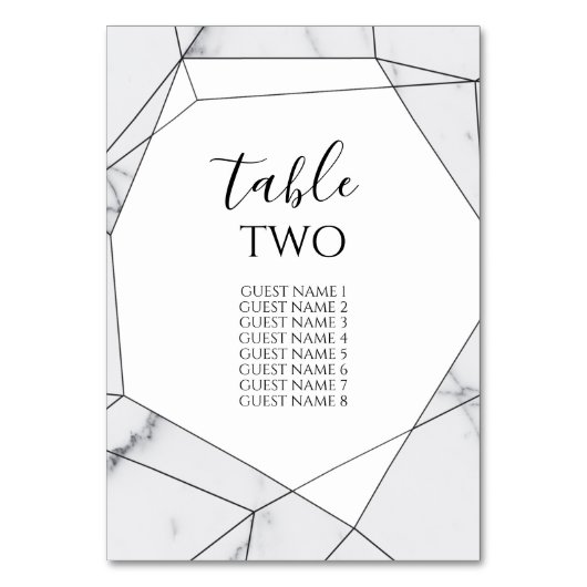 Elegant Geometric Marble Wedding Guest Names Tischnummer (Rückseite)