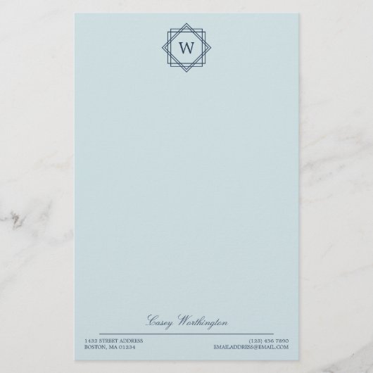 Elegant Geometric Navy Blue Monogram & Name Briefpapier (Vorderseite)