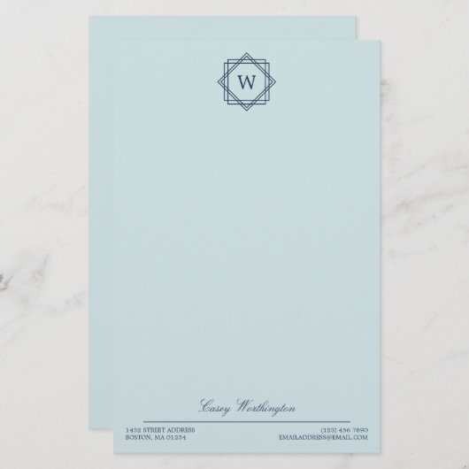 Elegant Geometric Navy Blue Monogram & Name Briefpapier (Vorne/Hinten)