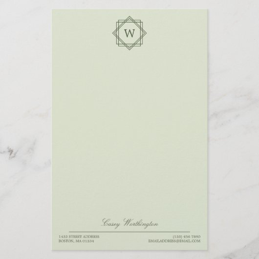 Elegant Geometric Olive Green Monogram & Name Briefpapier (Vorderseite)