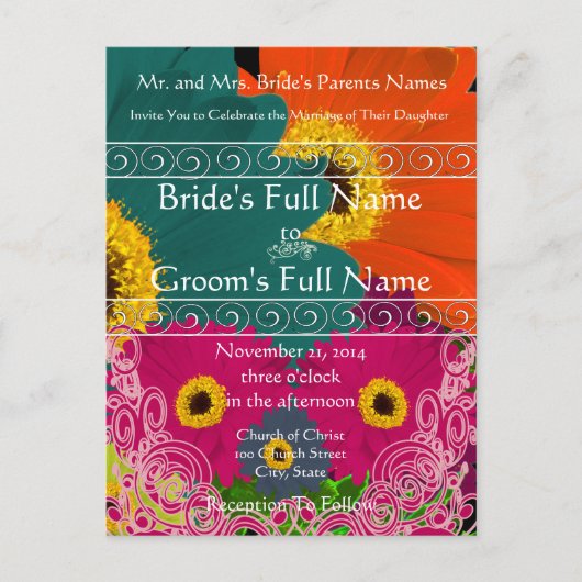 Elegant Gerber Daisy Wedding Invitation Wirbel Einladungspostkarte (Vorderseite)