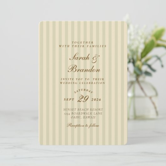 Elegant gestreift | Beige Classic Wedding Einladung (Stehend Vorderseite)