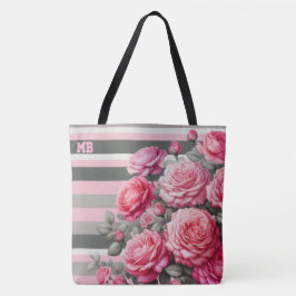Elegant gestreift in Rosa und Grau mit Rosen Tasche