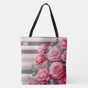 Elegant gestreift in Rosa und Grau mit Rosen Tasche
