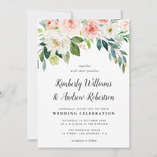 Elegant gestrichene Blütenhochzeit in Rosa Einladung (Vorderseite)