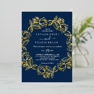 Elegant Gilded Floral Gold Foil Navy Blue Wedding Folieneinladung