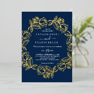 Elegant Gilded Floral Gold Foil Navy Blue Wedding Folieneinladung