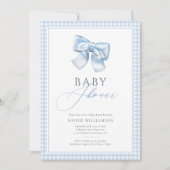 Elegant Gingham Blue Coquette Bow Baby Shower Einladung (Vorderseite)