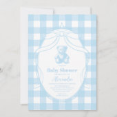 Elegant Gingham French Teddy Bear Baby Shower Einladung (Vorderseite)