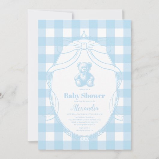 Elegant Gingham French Teddy Bear Baby Shower Einladung (Vorderseite)