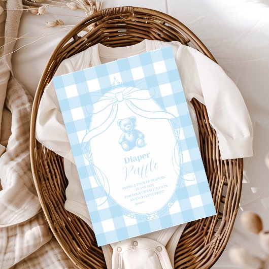 Elegant Gingham French Teddy Bear Diapper Raffle Begleitkarte