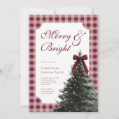 Elegant Gingham Red Bow Christmas Dinner Party Einladung (Vorderseite)