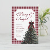 Elegant Gingham Red Bow Christmas Dinner Party Einladung (Stehend Vorderseite)