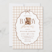 Elegant Gingham Teddy Bear Baby Shower Einladung (Vorderseite)