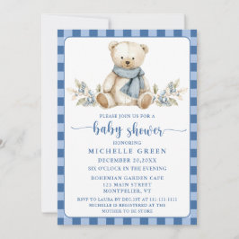 Elegant Gingham Teddy Bear Winter Baby Shower Einladung