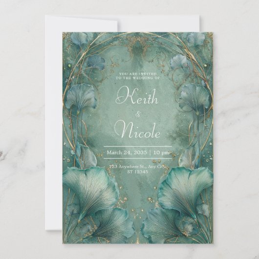 Elegant Ginkgo Leaf Aquamarin & Gold Wedding Einladung (Vorderseite)