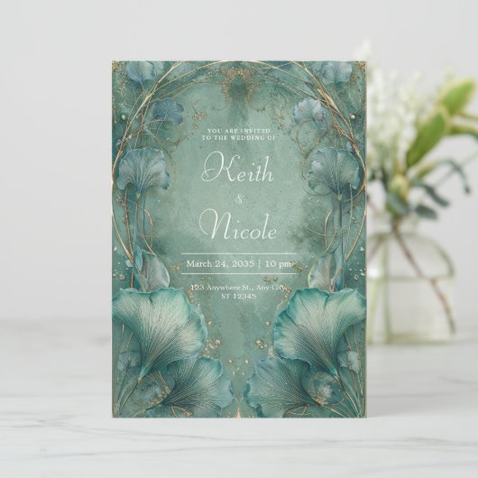 Elegant Ginkgo Leaf Aquamarin & Gold Wedding Einladung (Stehend Vorderseite)