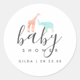 Elegant Giraffe Elephant Baby Shower Runder Aufkleber