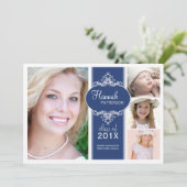 Elegant Girl 4 Foto Blue & White Abschluss Einladung (Stehend Vorderseite)