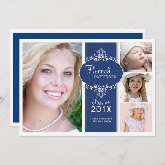 Elegant Girl 4 Foto Blue & White Abschluss Einladung (Vorne/Hinten)