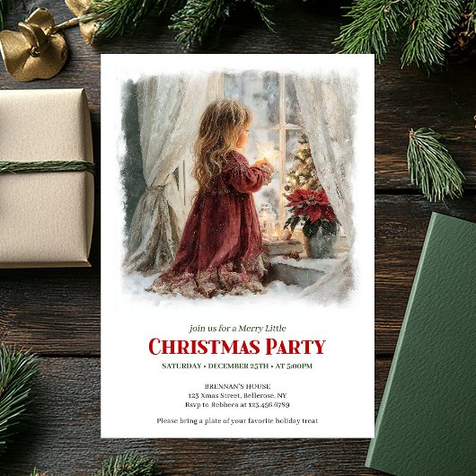 Elegant girl awaits Santa editable holiday invite Einladung