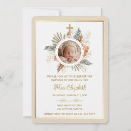 Elegant Girl Baptism Greenery Cross Photo  Invitat Einladung