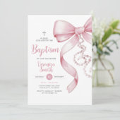 Elegant Girl Taufe Pink Bow Pearl Necklace Cross Einladung (Stehend Vorderseite)
